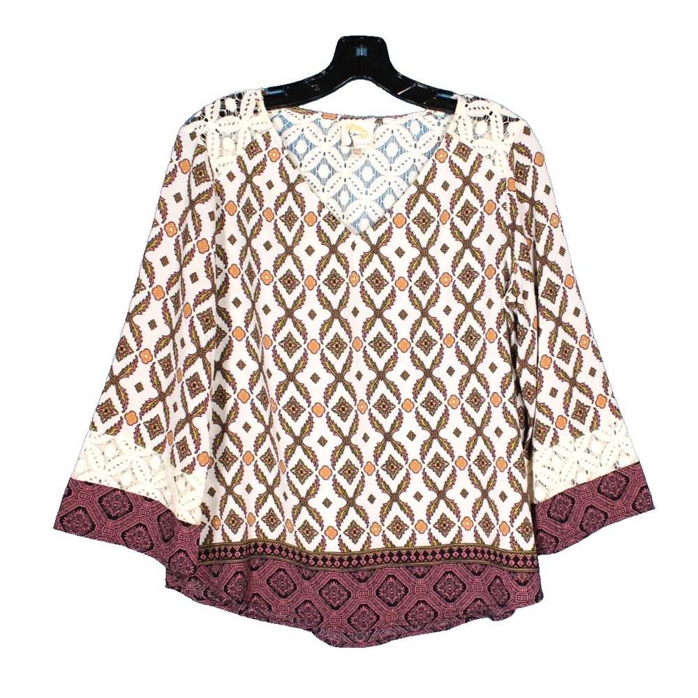 FIG AND FLOWER PETITE Anthropologie CREPE Lace Detail BOHO Swing Blouse/Top P/XL